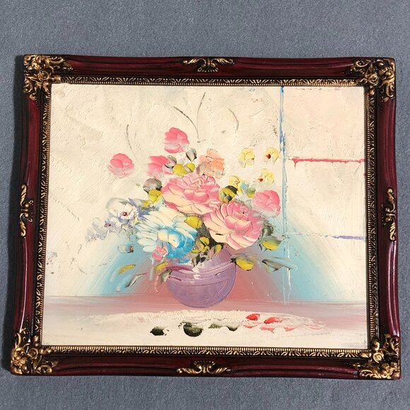 Vintage Still Life Impasto Oil Floral Painting Bouquet Flowers Roses Vase Framed - Picture 1 of 7